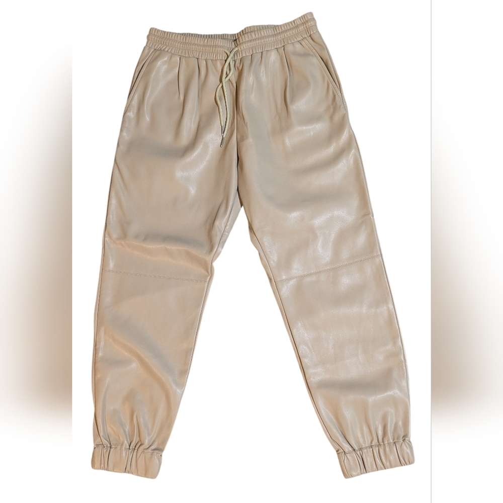 Aaron & Amber Women's Tan Faux Leather Jogger Pant
